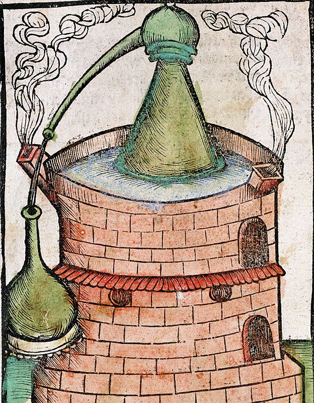 Un alambique en "baño María" (Estrasburgo, 1500). Ahora ya sabes por qué le dicen así.