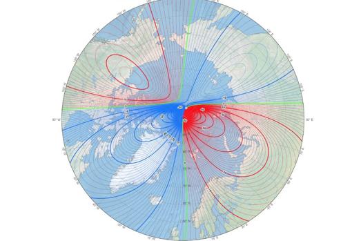 Esta es la situación del polo norte magnético en 2020.