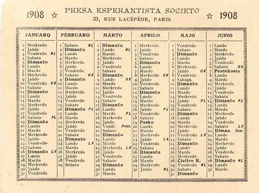 calendario en Esperanto (1908)