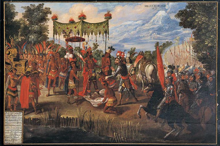 La imagen representa el primer encuentro entre Moctezuma y Cortés.