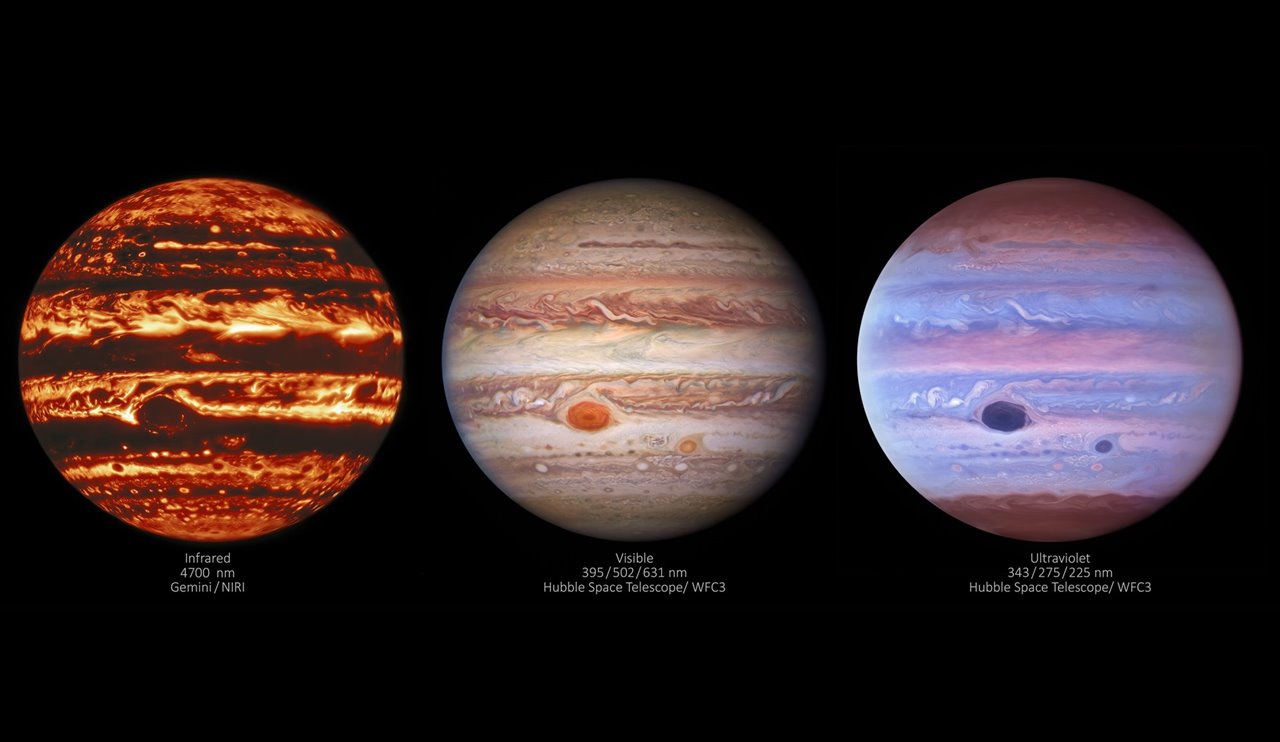 Las imágenes de Júpiter a todo color se lograron con distintas longitudes de onda.
